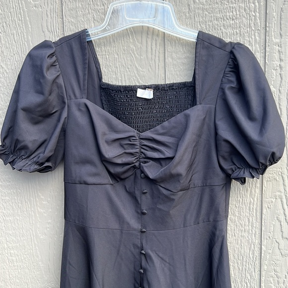 Belle Poque Black Dress Size M Smocked Back Decorative Button Puffed Sleeves - Picture 4 of 15